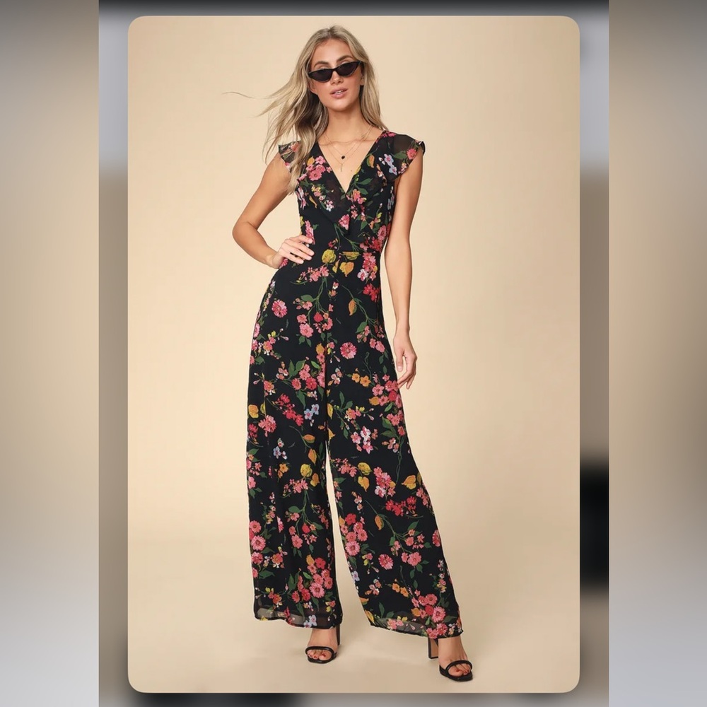 LULUS Blooming Love Black Floral Print Ruffled Jumpsuit